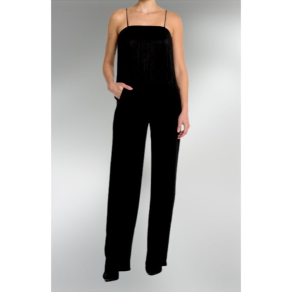 Club Monaco Womens Fringe Black Jumpsuit Size 4 Spaghetti Straps Sleeveless